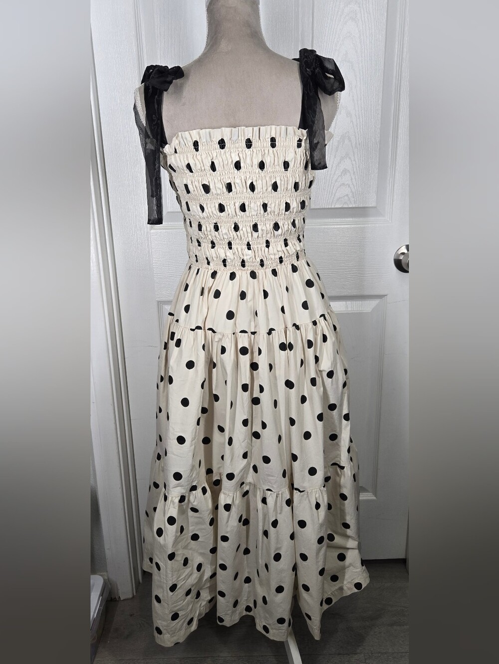 En Saison Polka Dot Smocked Tiered Maxi Dress Black Tulle Tie Shoulder Size S - Picture 5 of 14